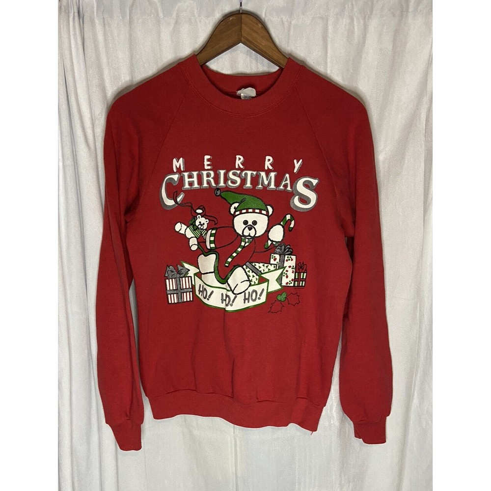 Christmas Sweater Women medium Adult Red Bear presents Pullover Vintage USA